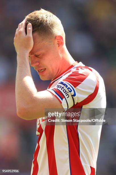 Ryan Shawcross of Stoke looks dejected during the Premier League match between Stoke City and Crystal Palace at the Bet365 Stadium on May 5, 2018 in...
