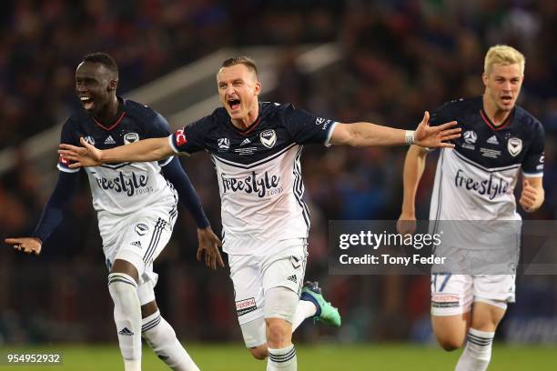 Besart Berisha of the Victory celebrates the win over the Jets during the 2018 A-League Grand Final match between the Newcastle Jets and the...