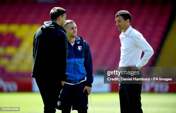 Watford manager Javi Gracia Gerard Deulofeu and Newcastle United's Joselu have a conversation before the Premier League match at Vicarage Road,...