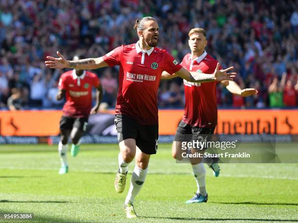 Martin Harnik of Hannover celebrates scoring the first goal during the Bundesliga match between Hannover 96 and Hertha BSC at HDI-Arena on May 5,...