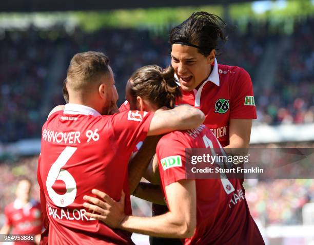 Martin Harnik of Hannover celebrates scoring the first goal during the Bundesliga match between Hannover 96 and Hertha BSC at HDI-Arena on May 5,...