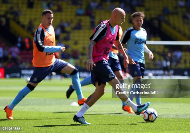 Jonjo Shelvey of Newcastle United warms up prior to the Premier League match between Watford and Newcastle United at Vicarage Road on May 5, 2018 in...