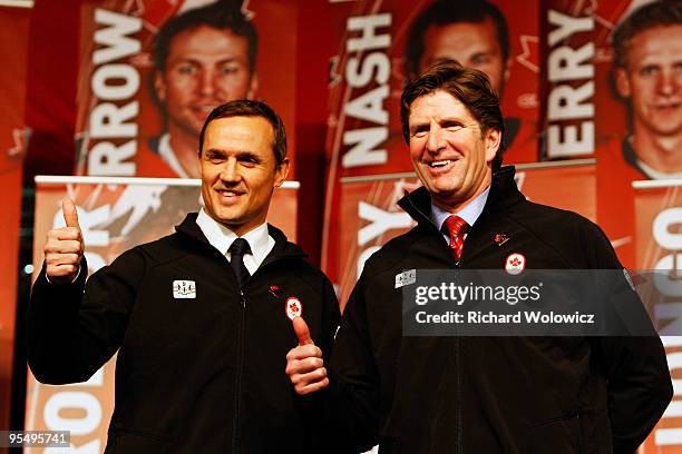 Steve Yzerman, Executive Director of Canada's 2010 Men's Olympic hockey team and Head Coach Mike Babcock pose for a photo during the unveilling of...