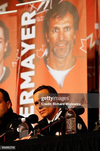 Steve Yzerman, Executive Director of Canada's 2010 Men's Olympic hockey team speaks to the media during the unveilling of the Canadian Men's Olympic...
