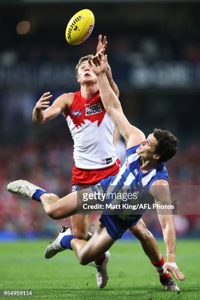 Scott D. Thompson of the Kangaroos is challenged by Will Hayward of the Swans during the round seven AFL match between the Sydney Swans and the North...