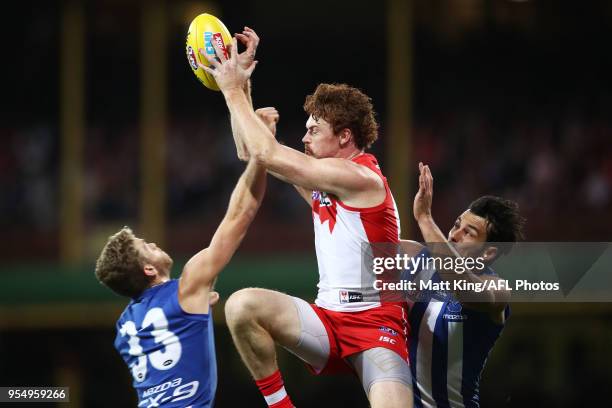 Gary Rohan of the Swans is challenged by Ed Vickers-Willis and Robbie Tarrant of the Kangaroos during the round seven AFL match between the Sydney...
