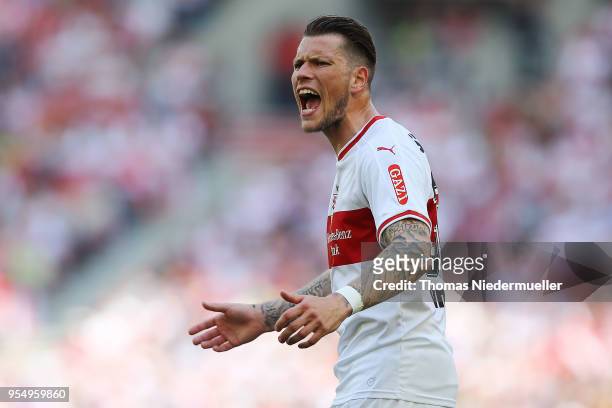 Daniel Ginczek of Stuttgart reacts during the Bundesliga match between VfB Stuttgart and TSG 1899 Hoffenheim at Mercedes-Benz Arena on May 5, 2018 in...