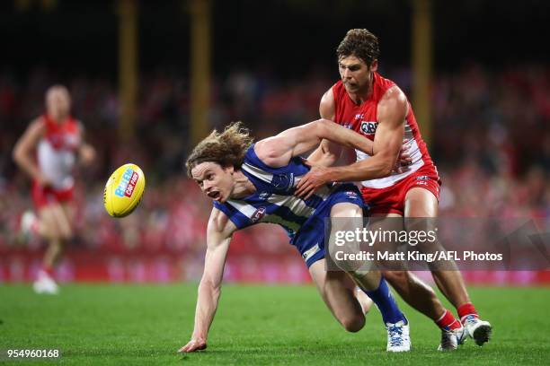 Ben Brown of the Kangaroos is challenged by Dane Rampe of the Swans during the round seven AFL match between the Sydney Swans and the North Melbourne...