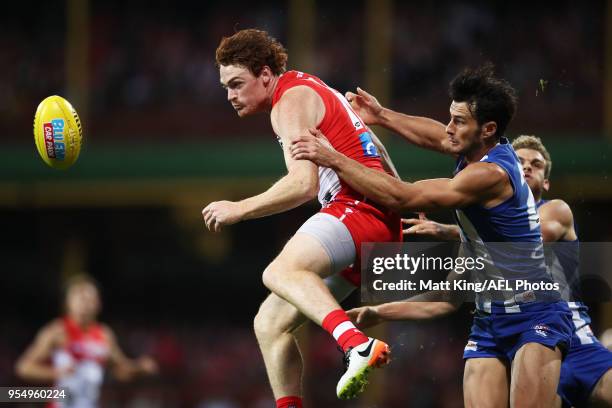 Gary Rohan of the Swans is challenged by Robbie Tarrant of the Kangaroos during the round seven AFL match between the Sydney Swans and the North...
