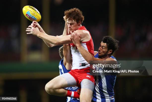 Gary Rohan of the Swans is challenged by Robbie Tarrant of the Kangaroos during the round seven AFL match between the Sydney Swans and the North...