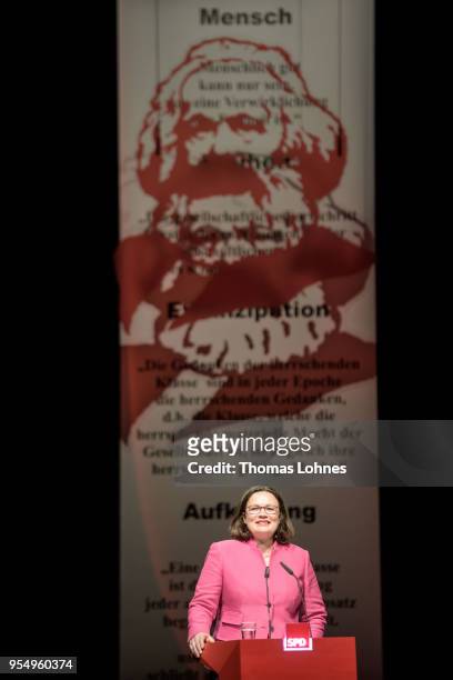 Andrea Nahles, chairwoman of the Social Democratic Party speaks during a commemoration of the SPD for the German philosopher and revolutionary Karl...