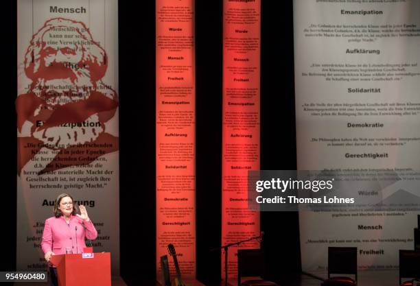 Andrea Nahles, chairwoman of the Social Democratic Party speaks during a commemoration of the SPD for the German philosopher and revolutionary Karl...