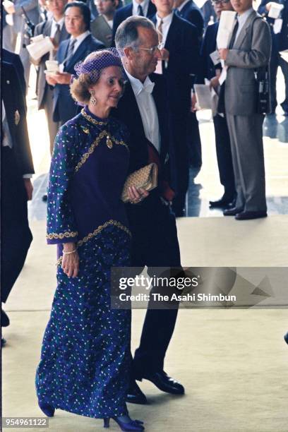 King Baudouin and Queen Fabiola of Belgium are seen on arrival at the Imperial Palace to attend the 'Sokui-no-Rei', Emperor's Enthronement Ceremony...