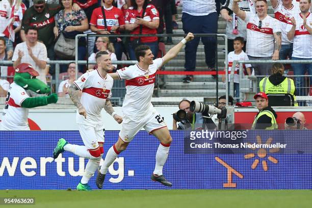Mario Gomez of Stuttgart celebrates his goal with Daniel Ginczek during the Bundesliga match between VfB Stuttgart and TSG 1899 Hoffenheim at...