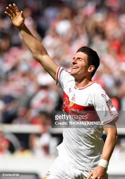 Stuttgart's forward Mario Gomez celebrates after he scored the 1-0 during the German first division Bundesliga football match VfB Stuttgart vs TSG...