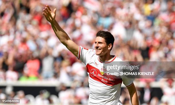 Stuttgart's forward Mario Gomez celebrates after he scored the 1-0 during the German first division Bundesliga football match VfB Stuttgart vs TSG...