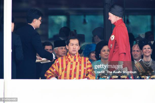 King Jigme Singye Wangchuck of Bhutan is seen prior to the 'Sokui-no-Rei', Emperor's Enthronement Ceremony at the Imperial Palace on November 12,...