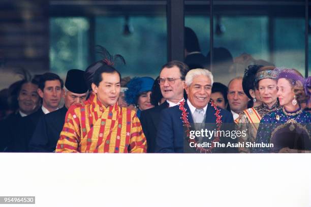 King Jigme Singye Wangchuck of Bhutan and Malietoa Tanumafili II of Samoa are seen prior to the 'Sokui-no-Rei', Emperor's Enthronement Ceremony at...