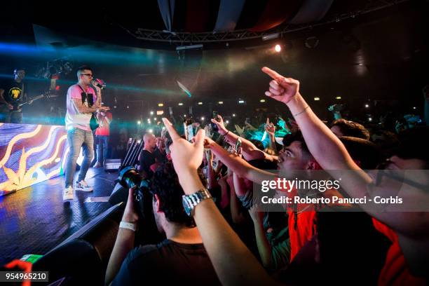 Sfera Ebbasta perform on stage on May 3, 2018 in Rome, Italy.