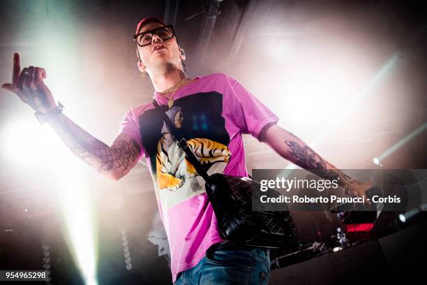 Sfera Ebbasta perform on stage on May 3, 2018 in Rome, Italy.