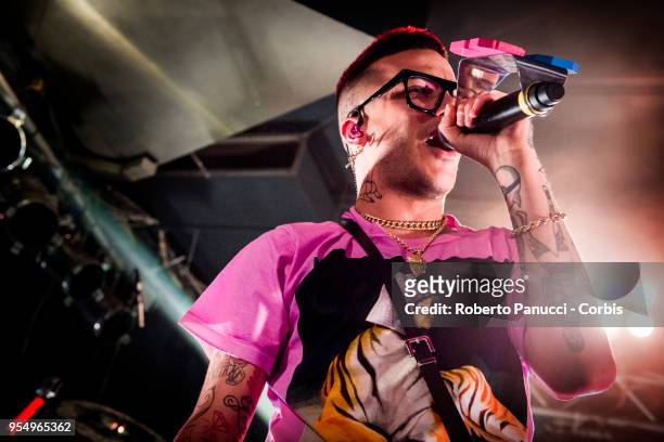 Sfera Ebbasta perform on stage on May 3, 2018 in Rome, Italy.