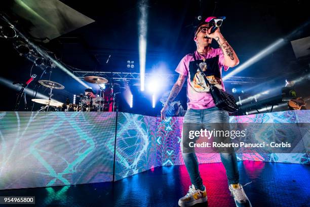 Sfera Ebbasta perform on stage on May 3, 2018 in Rome, Italy.