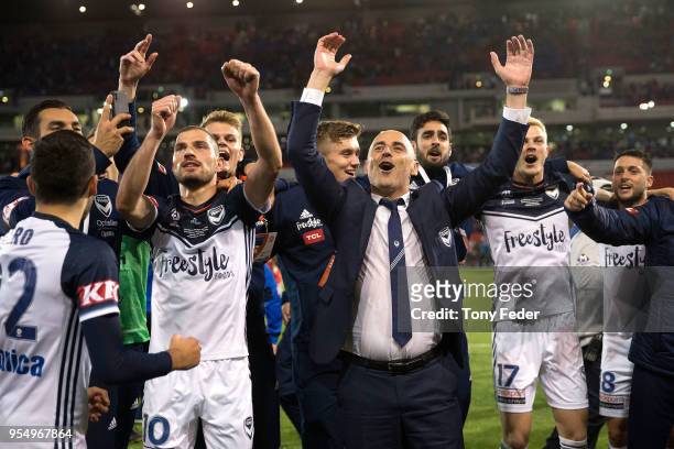 Kevin Muscat of the Victory celebrates the win over the Jets during the 2018 A-League Grand Final match between the Newcastle Jets and the Melbourne...