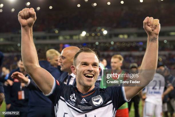 Leigh Broxham of the Victory celebrates the win over the Jets during the 2018 A-League Grand Final match between the Newcastle Jets and the Melbourne...