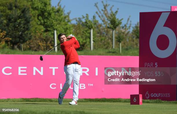 Eddie Pepperell of England tees off on the 6th hole during Day One of the GolfSixes at The Centurion Club on May 5, 2018 in St Albans, England.