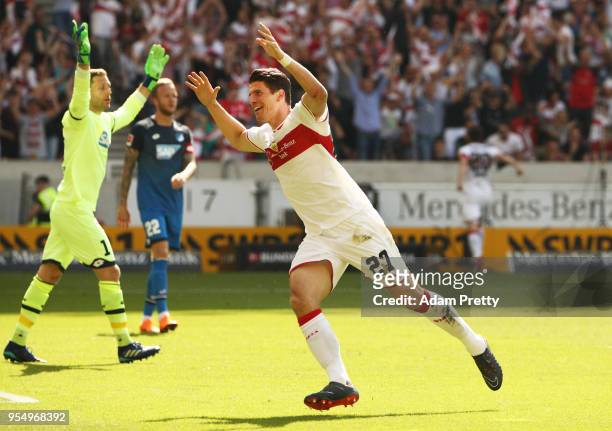 Mario Gomez of VfB Stuttgart celebrates after scoring the first goal during the Bundesliga match between VfB Stuttgart and TSG 1899 Hoffenheim at...
