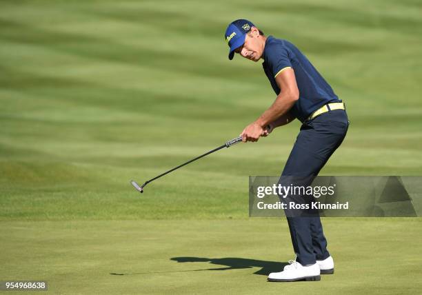 Joakim Lagergren of Sweden putts on the 6th green during Day One of the GolfSixes at The Centurion Club on May 5, 2018 in St Albans, England.