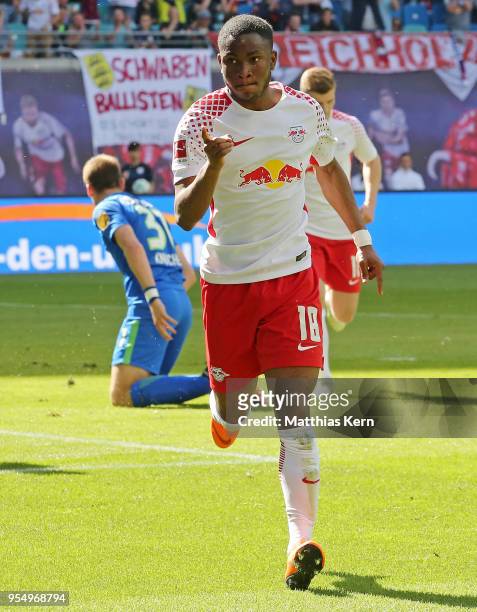 Ademola Lookman of Leipzig jubilates after scoring the first goal during the Bundesliga match between RB Leipzig and VfL Wolfsburg at Red Bull Arena...