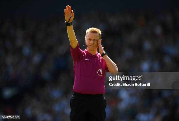 Referee Mike Jones in action during the Premier League match between West Bromwich Albion and Tottenham Hotspur at The Hawthorns on May 5, 2018 in...