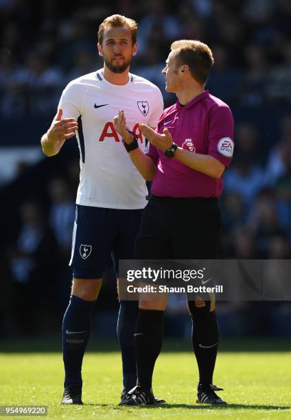 Harry Kane of Tottenham Hotspur speaks to Match Referee Mike Jones during the Premier League match between West Bromwich Albion and Tottenham Hotspur...