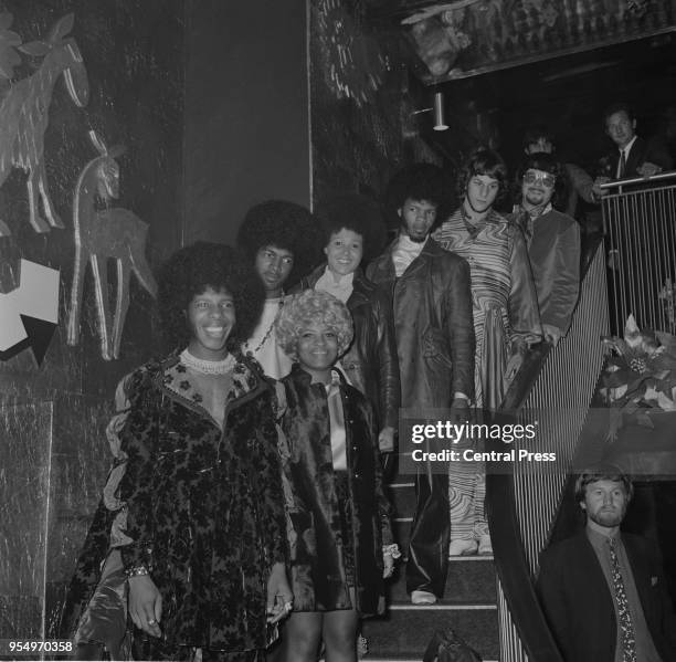 American band Sly and the Family Stone at Hatchetts Club in Piccadilly, London, 11th September 1968. From left to right, they are Sly Stone, Rose...