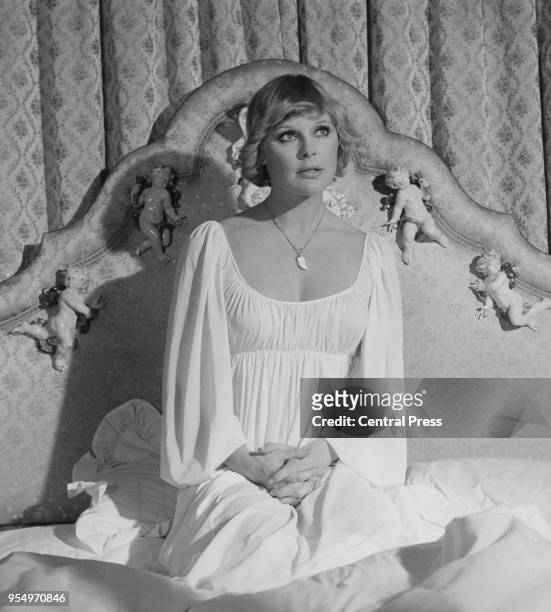 German actress Elke Sommer in her hotel room in London, 7th February 1974. She is in the UK to film 'Percy's Progress'.