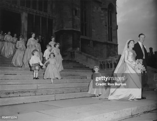 Anne Abel Smith, a cousin of Queen Elizabeth II, marries Scottish politician David Liddell-Grainger at St George's Chapel, Windsor, 14th December...