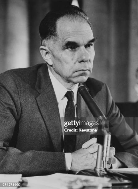 American chemist Glenn T. Seaborg , chairman of the United States Atomic Energy Commission, testifies at a US Senate hearing on the Ratifying of the...