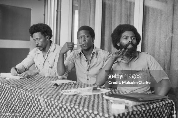 From left to right, Dean Simpson, Max Baden-Semper and Selwyn Baptiste, organisers of the Notting Hill Carnival, hold a press conference at the...