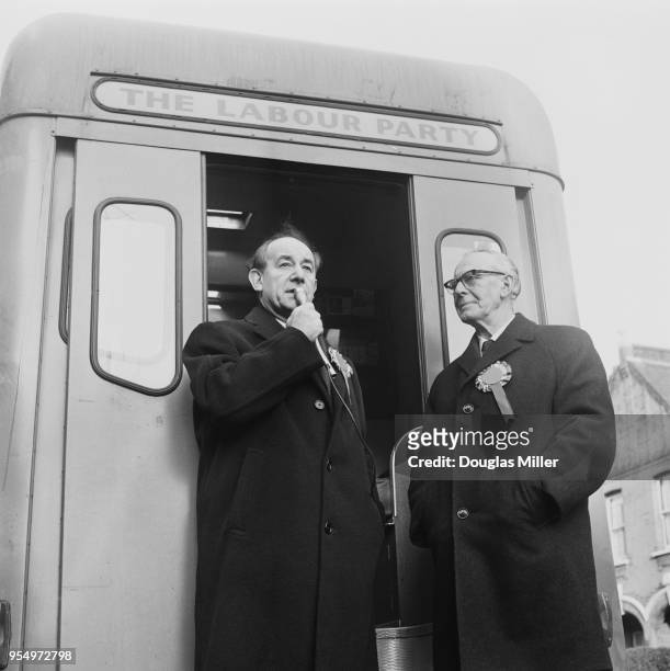 British Labour politician Patrick Gordon Walker , the Foreign Secretary, opens his campaign for the Leyton by-election watched by Reginald Sorensen,...