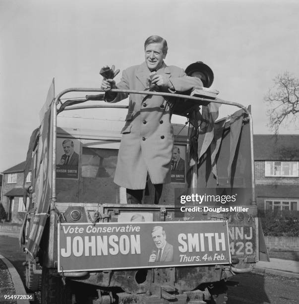 Scottish Conservative politician Geoffrey Johnson-Smith canvassing from his Land Rover during the East Grinstead by-election, 2nd February 1965.