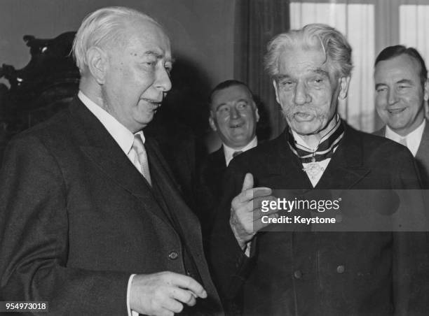 French-German physician and humanitarian Dr Albert Schweitzer after receiving a Pour La Mérite, West Germany's highest award, from German President...