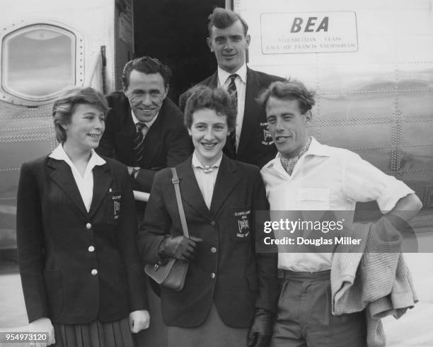 Group of British athletes leave London Airport for Warsaw on board the BEA Elizabethan Class aircraft 'RMA Sir Francis Walsingham', for a contest...