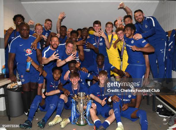 The Chelsea U18 team celebrate winning their fourth cup of the season at the Manchester United v Chelsea U18 Premier League National Final at Leigh...