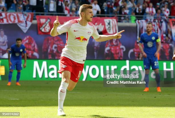 Timo Werner of Leipzig jubilates after scoring the second goal during the Bundesliga match between RB Leipzig and VfL Wolfsburg at Red Bull Arena on...
