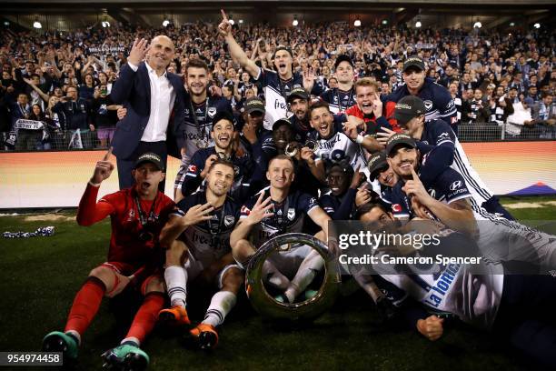 Victory players celebrate winning the 2018 A-League Grand Final match between the Newcastle Jets and the Melbourne Victory at McDonald Jones Stadium...