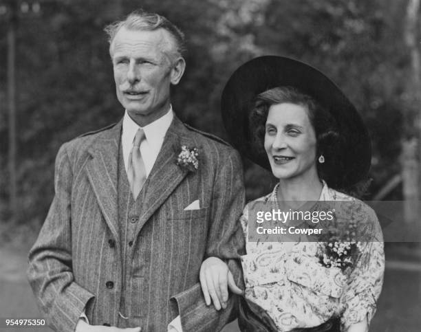 Charles Carnegie, 11th Earl of Southesk with his wife Evelyn Julia Williams-Freeman after their wedding at Scone Palace in Perthshire, Scotland, 16th...