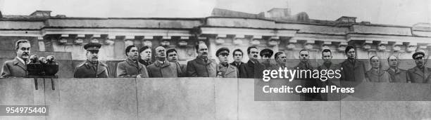 Soviet leaders Vyacheslav Molotov, Joseph Stalin, Georgy Malenkov, Popov, Lavrentiy Beria, Nikolai Voznesensky, Lazar Kaganovich, Kliment Voroshilov,...