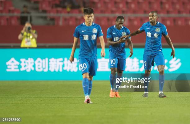 Christian Bassogog of Henan Jianye celebrates scoring his team's goal during 2018 Chinese Super League match between Hebei China Fortune adn Henan...