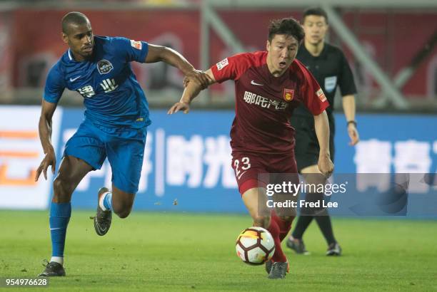 Ricardo Vaz Te of Henan Jianye and Ren Hang Hebei China Fortune of in action during 2018 Chinese Super League match between Hebei China Fortune adn...